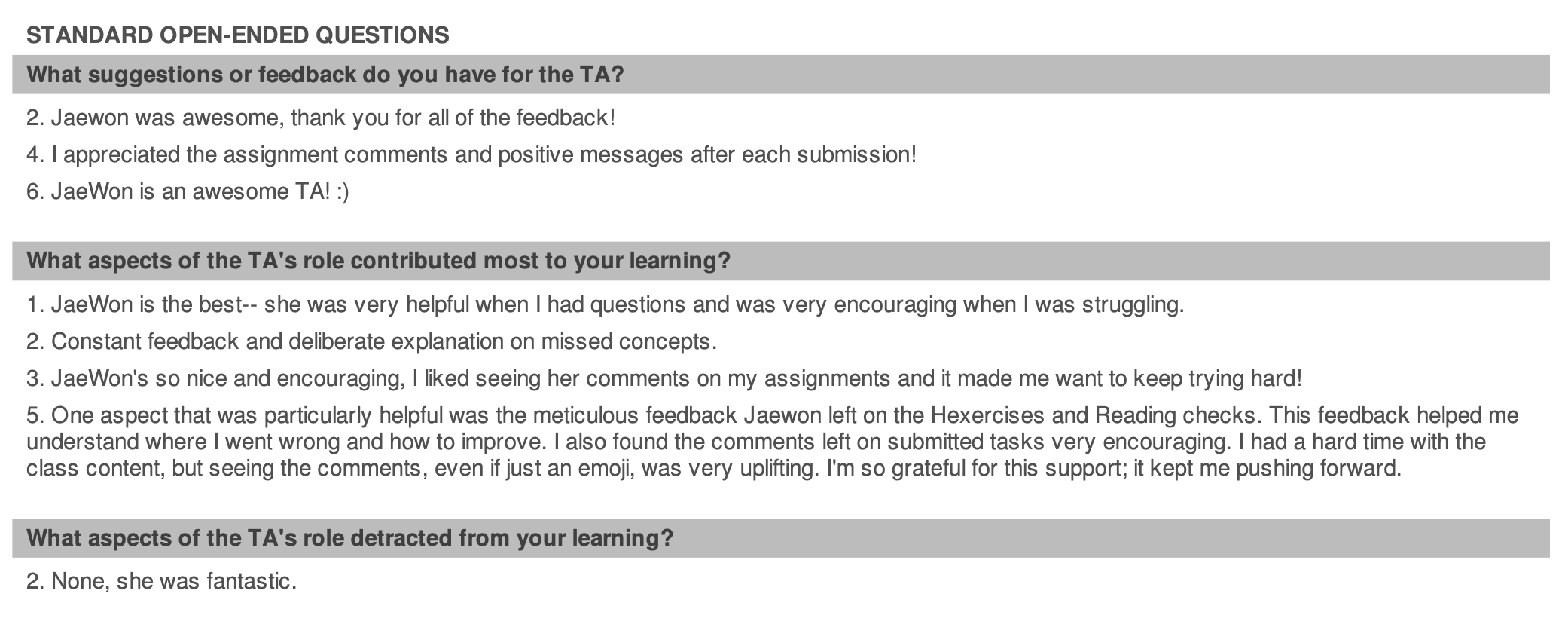 Student feedback comments praising encouraging and helpful support