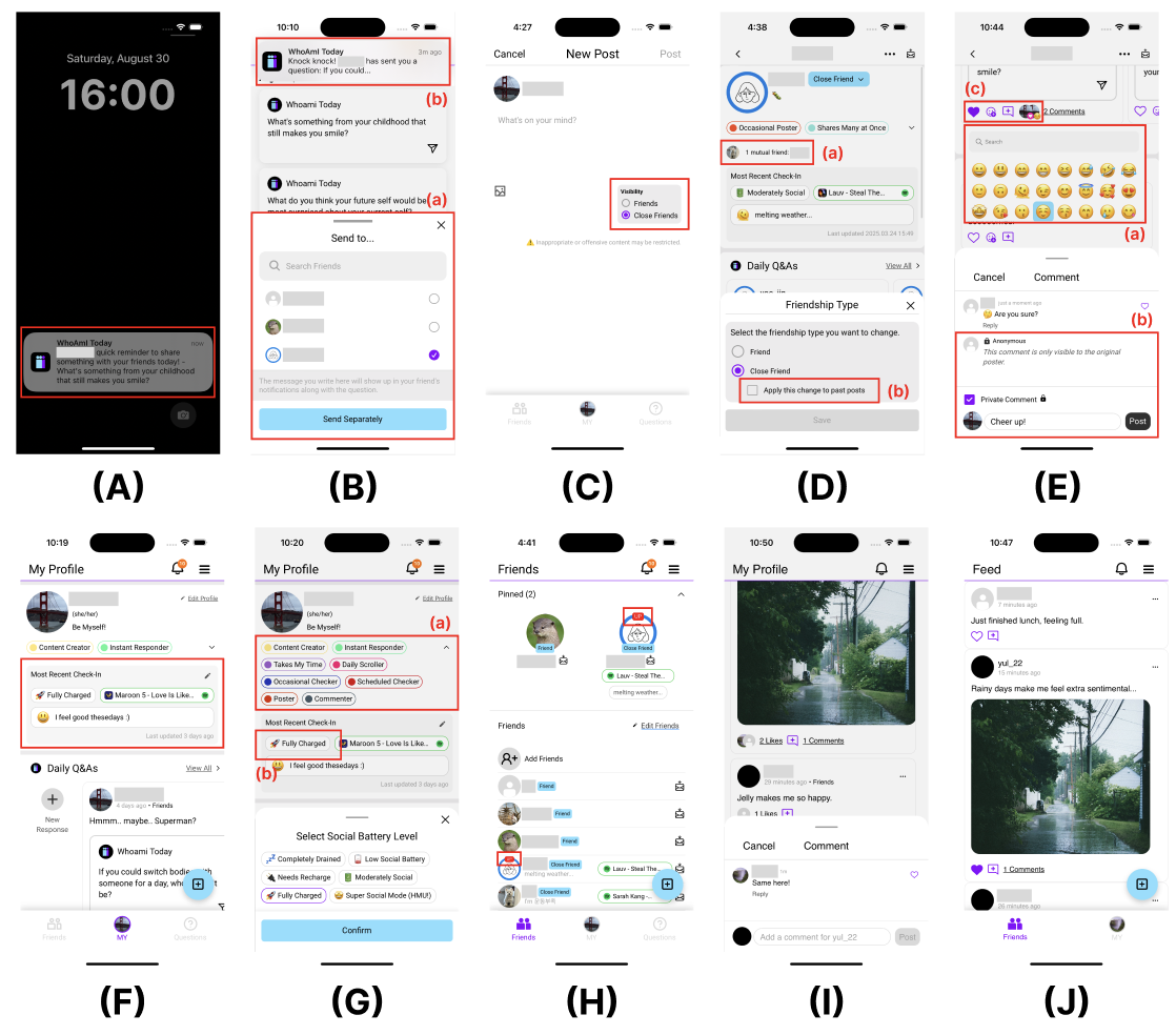 WhoAmI Today app interface showing daily prompts, private comments, emoji reactions, and context indicators